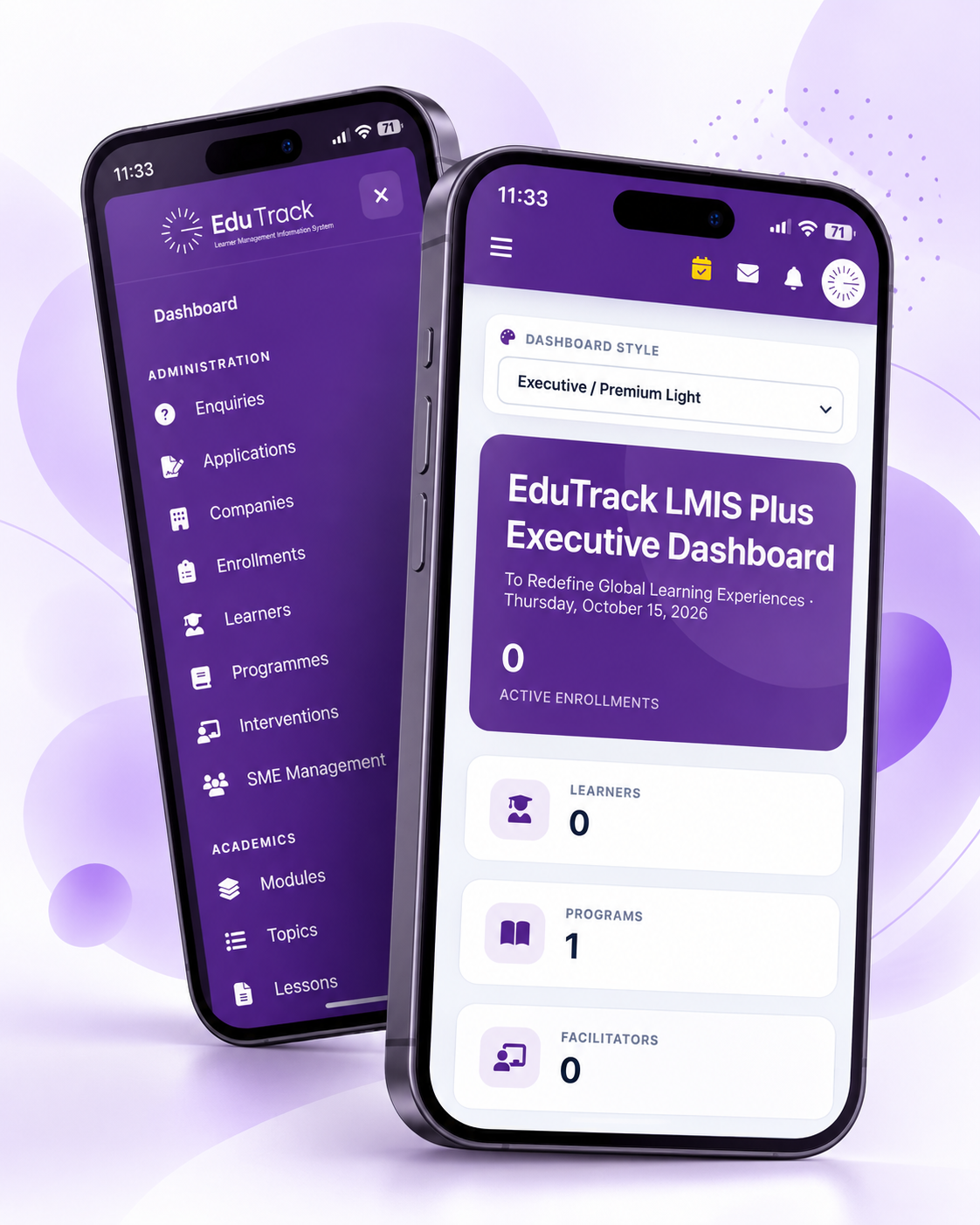 EduTrack LMIS mobile interface showing dashboard and navigation on two smartphones