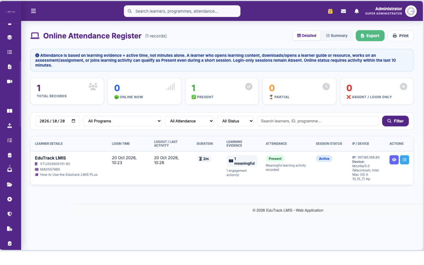 Online attendance register