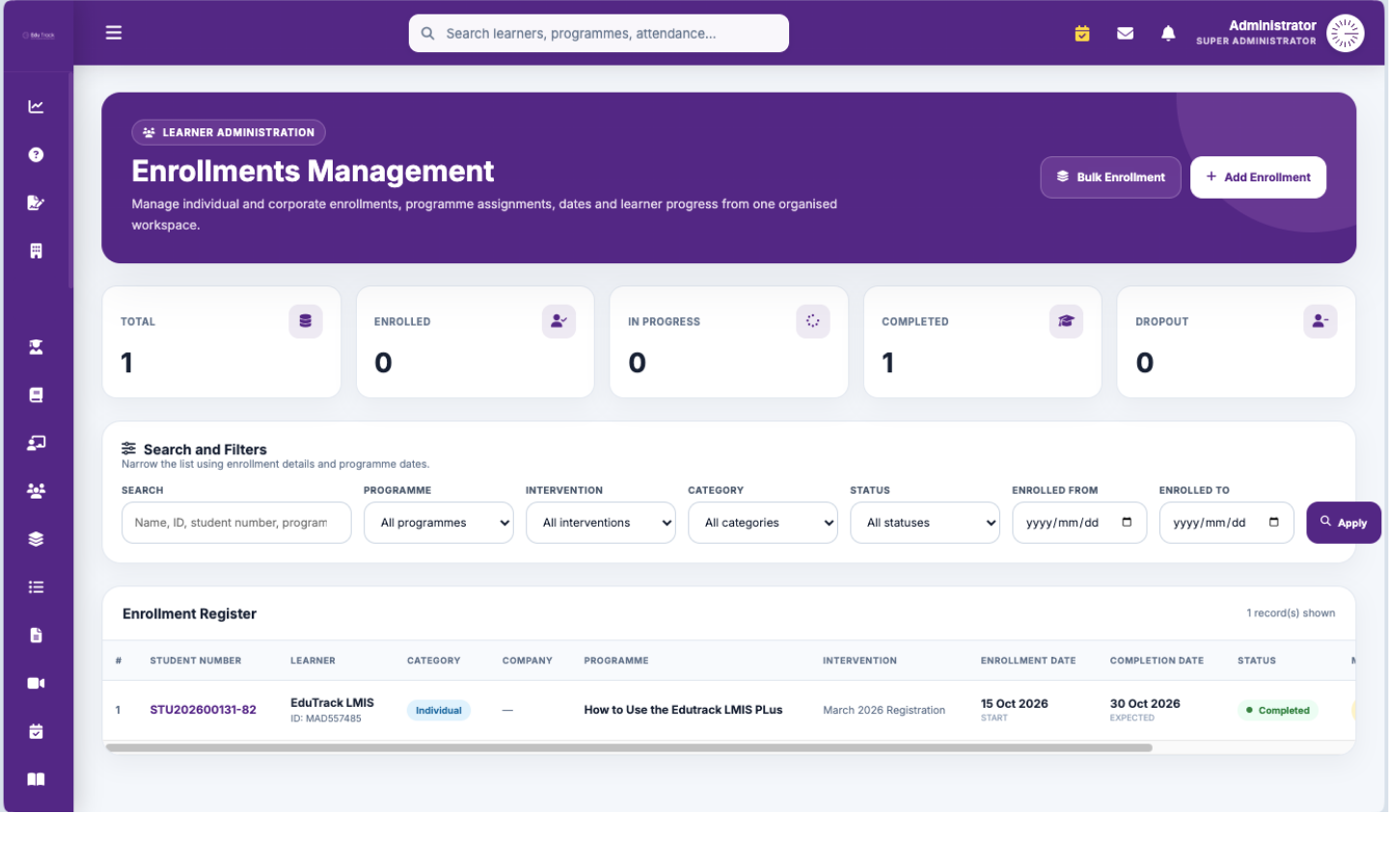 Enrollments management dashboard